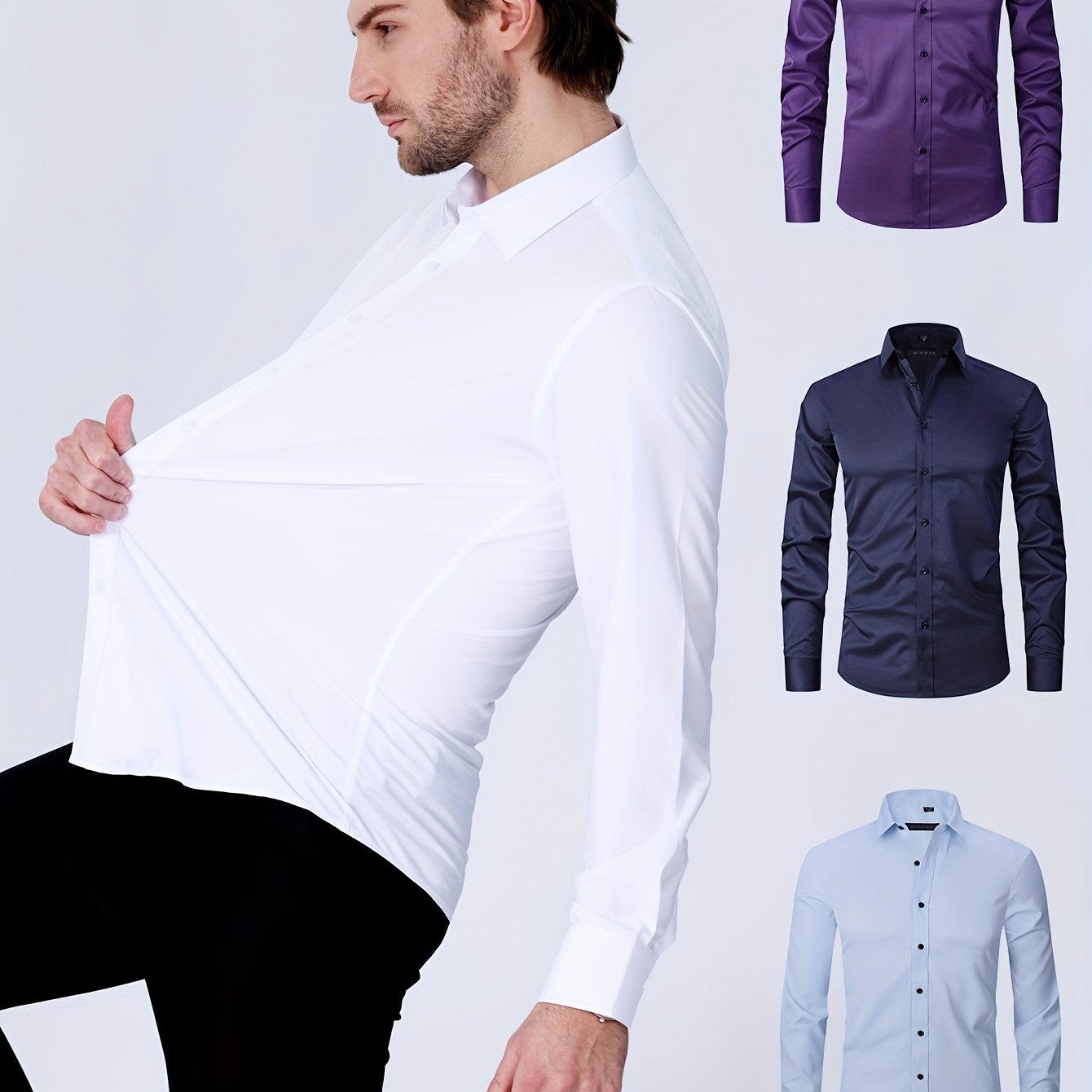 Men's Formal Solid Long Sleeve Slim Fit Button Up Shirt For Business Occasions, Spring Fall Men's Blouse - Black Business Corner