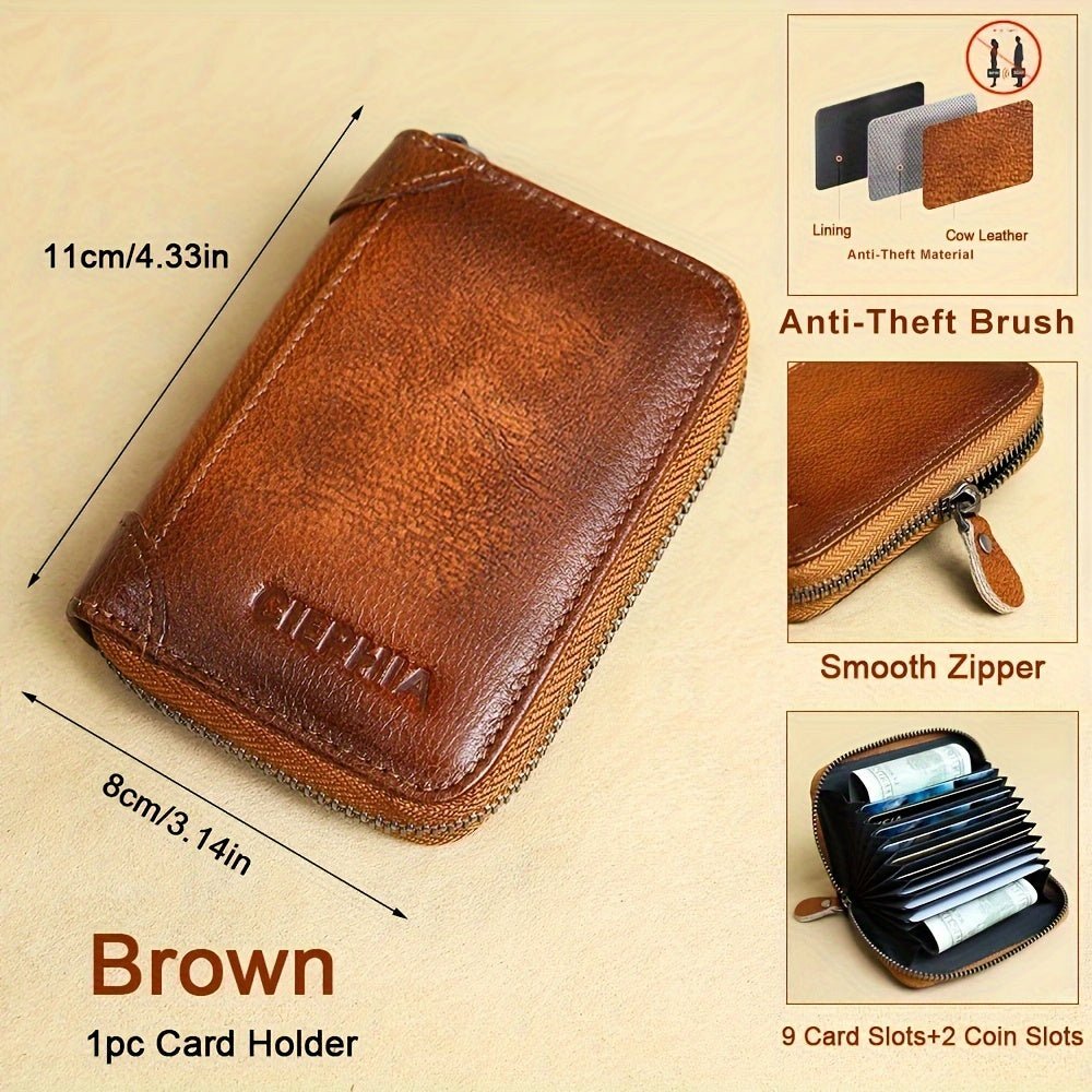 1pc CIEPHIA Vintage Genuine Leather RFID Blocking Wallet for Men - Slim, Multi - Functional ID & Credit Card Holder, Deep Brown with Embossed Logo, Ideal Gift for Valentine's Day - Black Business Corner