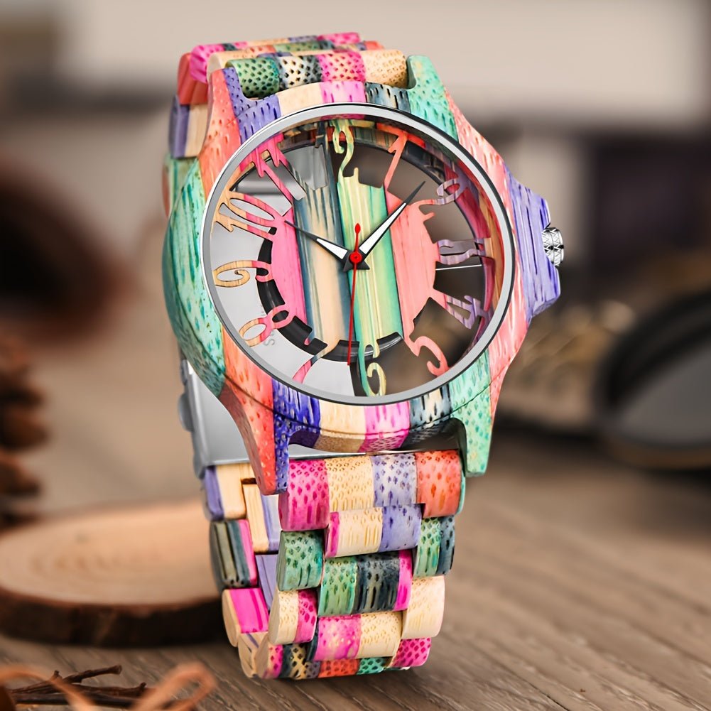 Wooden Watch Creative Colorful Hollow Out Dial Wooden Mens Watches Analog Quartz Men's Wood Watch - Black Business Corner