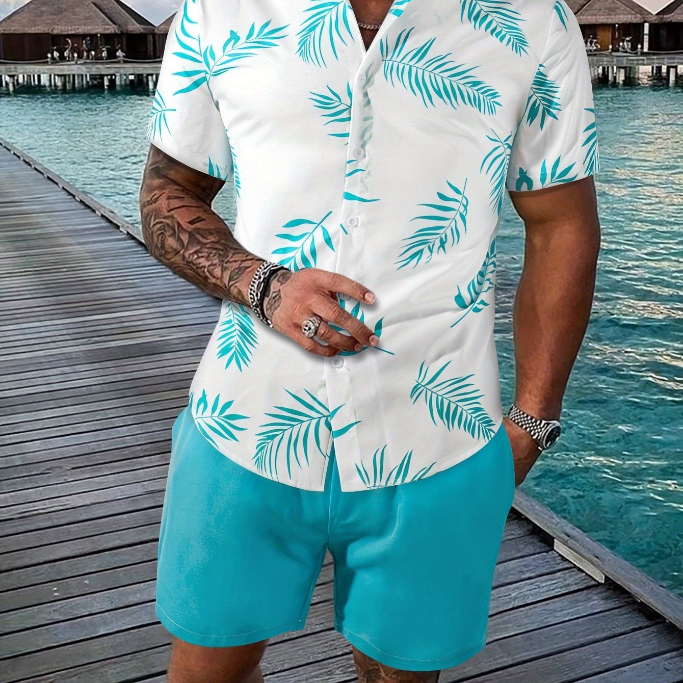 Men's Two - piece Outfits, Leaf Print Button Up Shirt And Drawstring Plain Shorts, Casual Loose Clothing For Summer co ord set - Black Business Corner