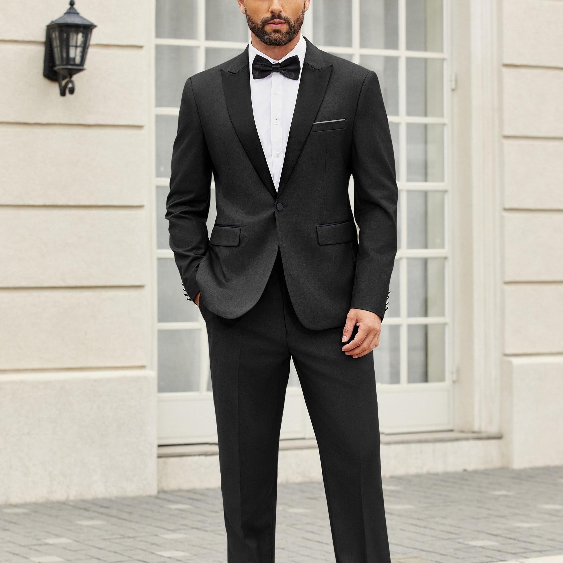 Men's 2 Piece Suit Casual Slim Fit Suits One Button Blazer Jacket Pants for Wedding Prom - Black Business Corner