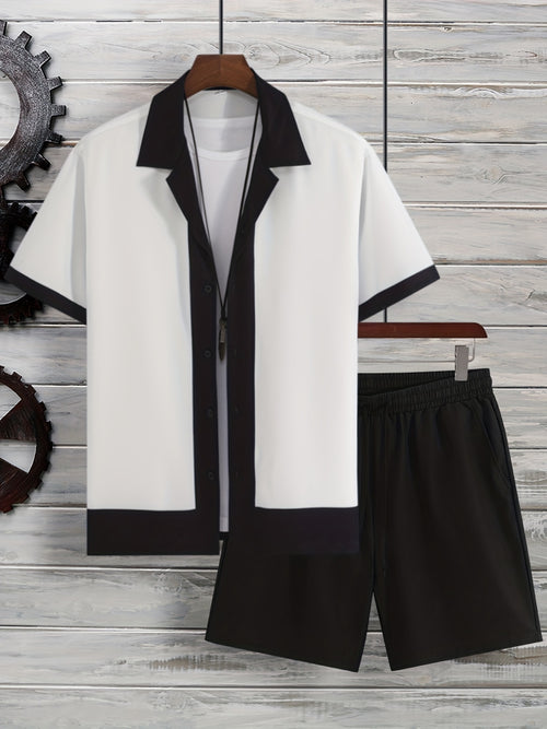2 - Piece Mens Casual Outfit - Lapel Button - Up Short Sleeve Shirt and Drawstring Shorts Set for Summer - Breathable Polyester Fabric, Regular Fit, Solid Color, Non - Stretch, Perfect for Daily Leisure, Loungewear, and Vacation Re - Black Business Corner