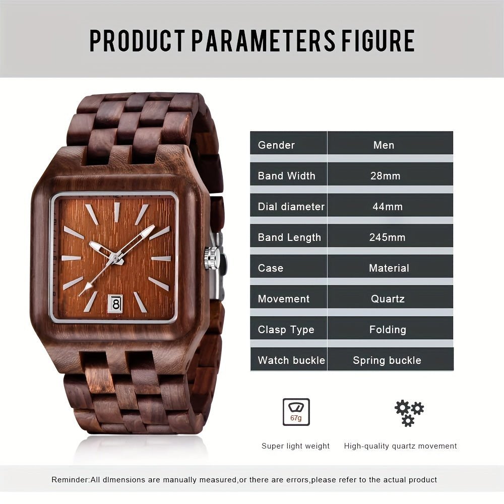 Wood Watch Men's Rectangle Dial Wooden Watches Quartz Movement Mens Watches - Black Business Corner