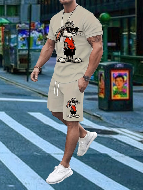 2 - piece 3D Cartoon Rabbit Print Men's T-shirt Shorts Set Summer Casual Everyday Short Sleeve Top Outdoor Street Sports Shorts - Black Business Corner