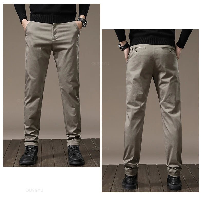 New High Quality Combed Cotton Casual Pants Men Solid color Business Fashion Straight Fit Chinos Gray Brand Trousers Male - Black Business Corner