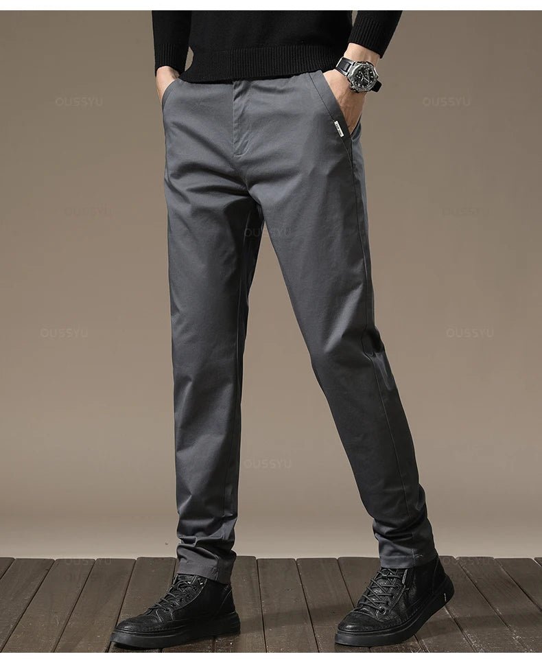 New High Quality Combed Cotton Casual Pants Men Solid color Business Fashion Straight Fit Chinos Gray Brand Trousers Male - Black Business Corner