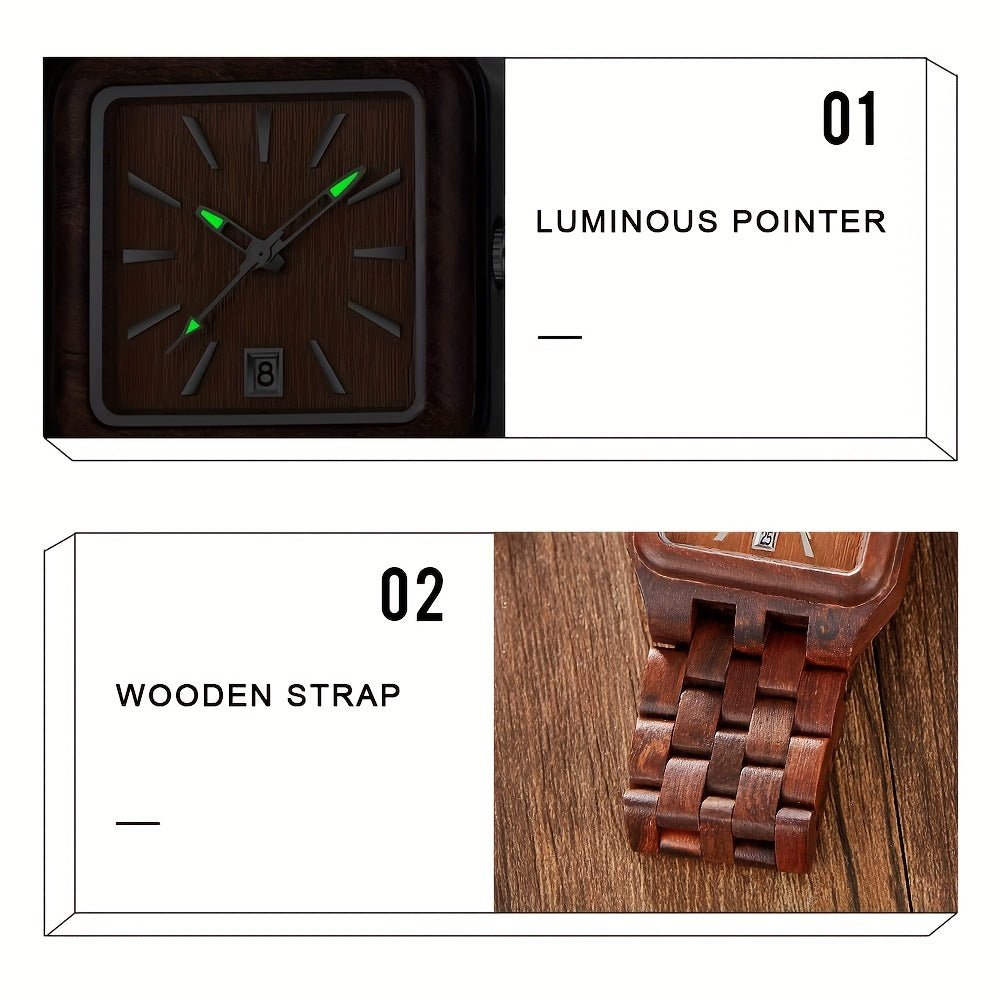 Wood Watch Men's Rectangle Dial Wooden Watches Quartz Movement Mens Watches - Black Business Corner