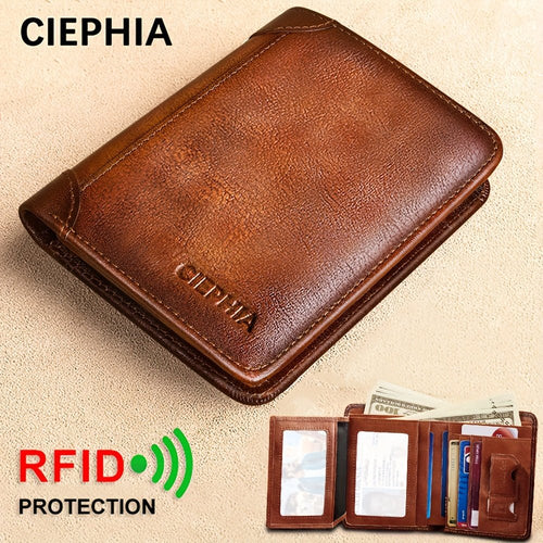 1pc CIEPHIA Vintage Genuine Leather RFID Blocking Wallet for Men - Slim, Multi - Functional ID & Credit Card Holder, Deep Brown with Embossed Logo, Ideal Gift for Valentine's Day - Black Business Corner