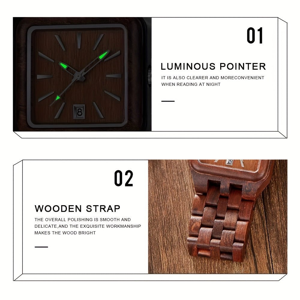 Wood Watch Men's Rectangle Dial Wooden Watches Quartz Movement Mens Watches - Black Business Corner