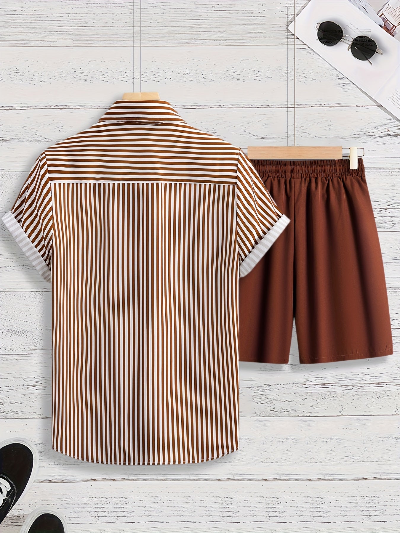 Men's Striped 2pcs, Short Sleeve Button Up Shirt And Drawstring Shorts Set - Black Business Corner