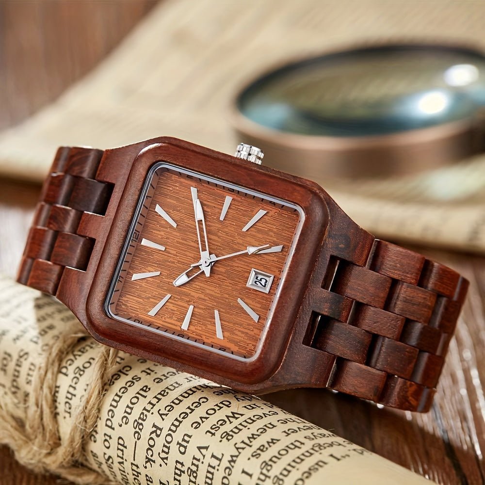 Wood Watch Men's Rectangle Dial Wooden Watches Quartz Movement Mens Watches - Black Business Corner