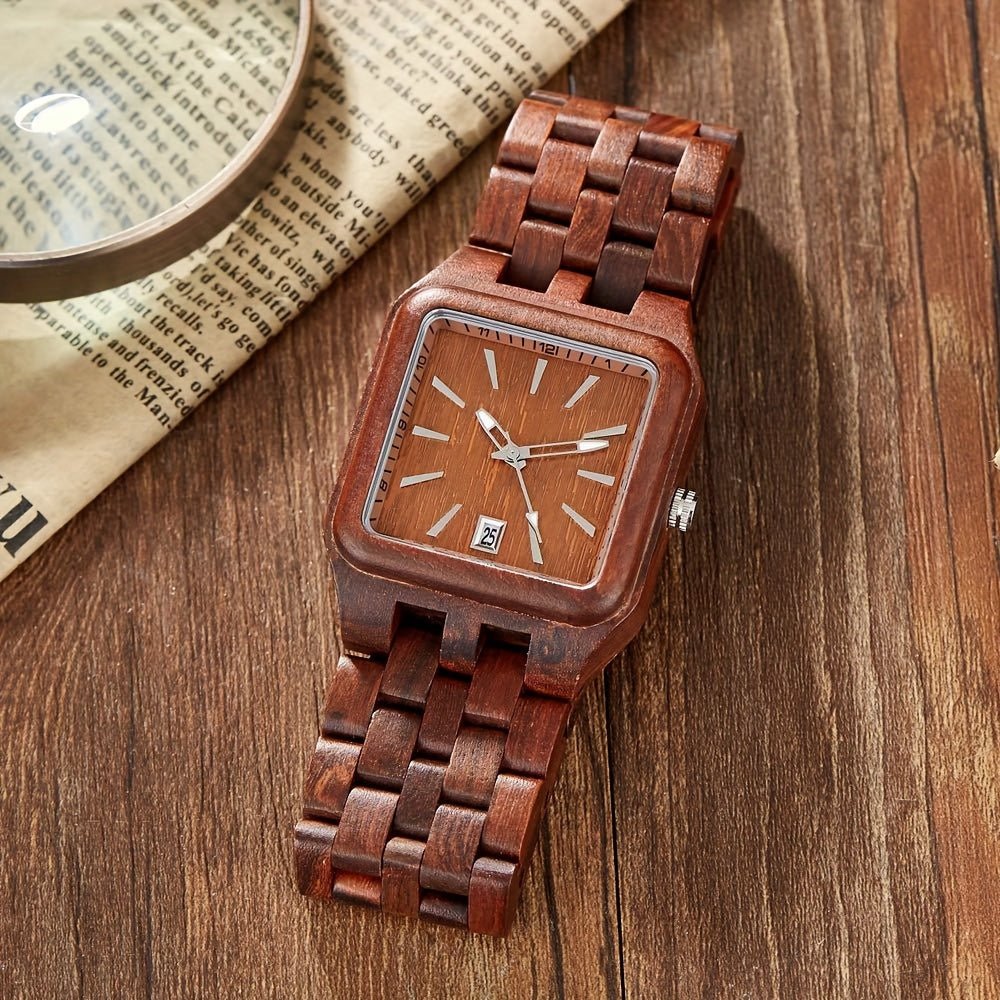 Wood Watch Men's Rectangle Dial Wooden Watches Quartz Movement Mens Watches - Black Business Corner