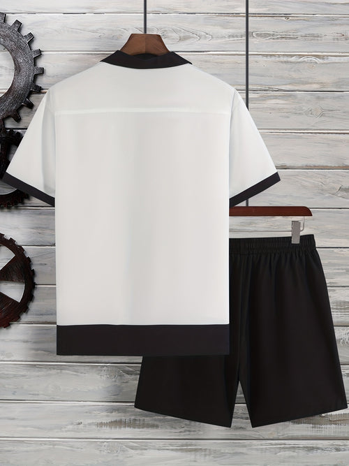2 - Piece Mens Casual Outfit - Lapel Button - Up Short Sleeve Shirt and Drawstring Shorts Set for Summer - Breathable Polyester Fabric, Regular Fit, Solid Color, Non - Stretch, Perfect for Daily Leisure, Loungewear, and Vacation Re - Black Business Corner